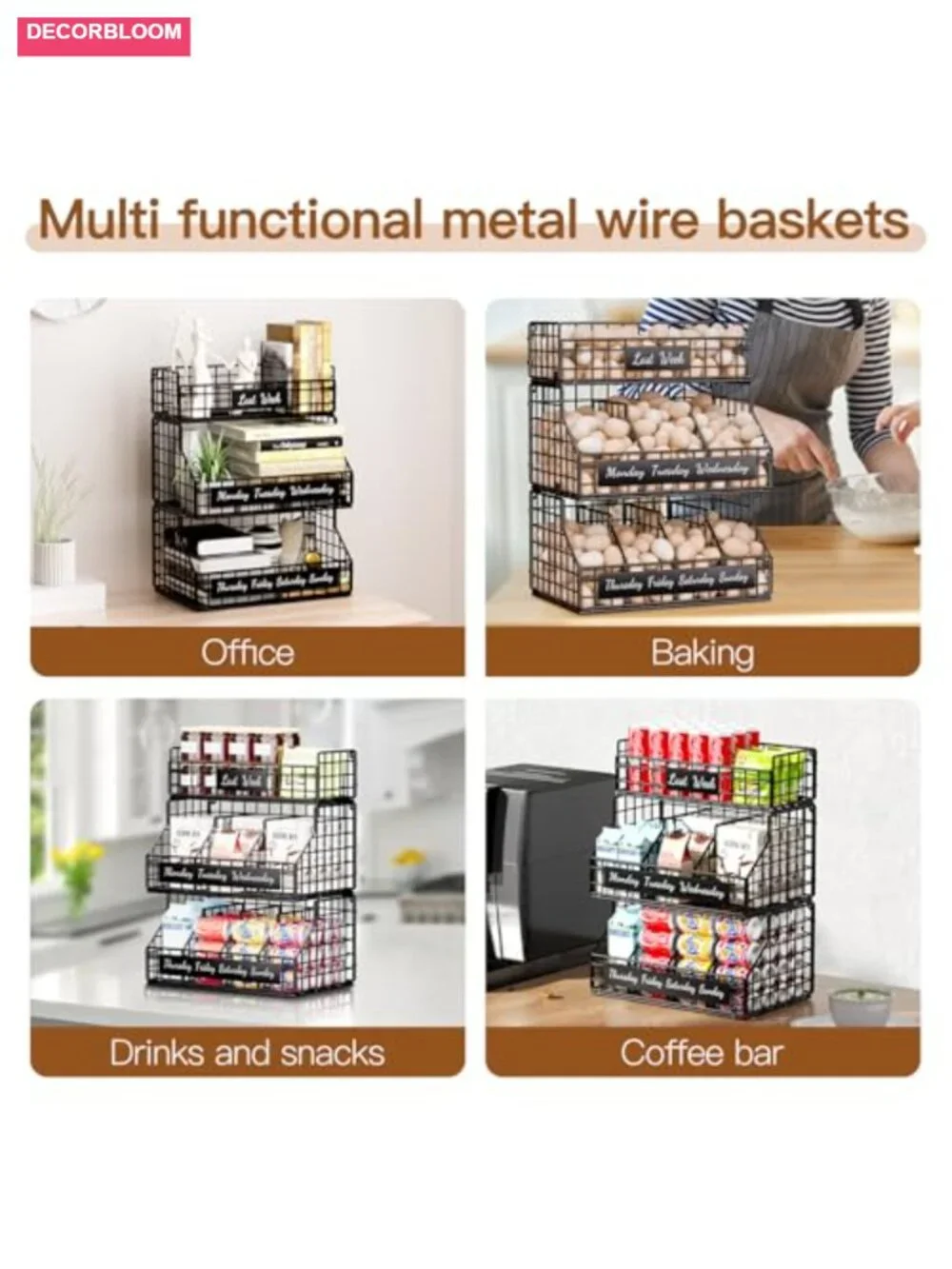 3 Tier Stackable Egg Holder with Dividers & Labels, Wall Mountable Carbon Steel